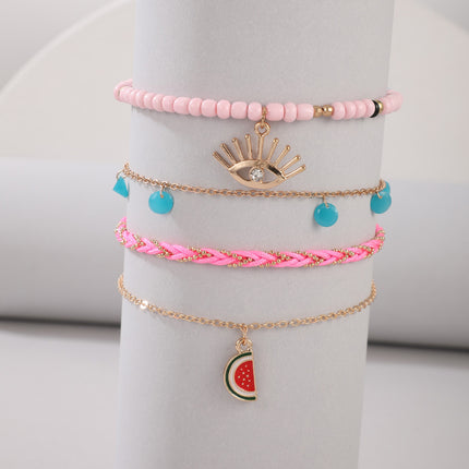 Hand Braided String Watermelon Rice Beads Diamond Eyes 4 Set Anklets