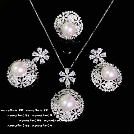 Spitze-Bienenwaben-Blumen-Ring-Perlen-Blumen-Ohrring-Halskette