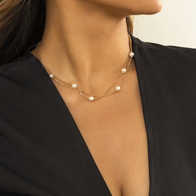 Collar de clavícula de cadena de perlas de imitación de doble capa simple al por mayor