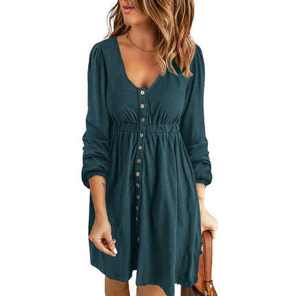 Wholesale Women's Solid Color Single Breasted Round Neck Long Sleeve Dress