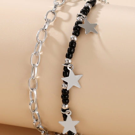 Ladies Simple Tassel Five-pointed Star Black Rice Bead 2 Piece Anklet