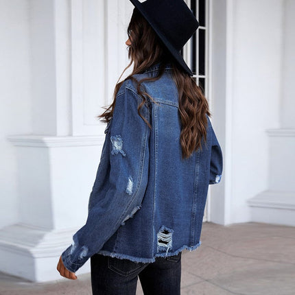 Women's Casual Washed Blue Denim Jacket Coat