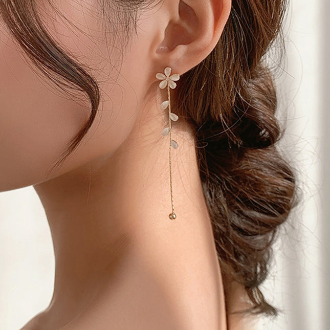 Flower Rhinestone Chain Floral Tassel Stud Earrings