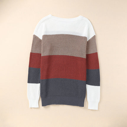 Wholesale Long Sleeve Color Striped Casual Crew Neck Pullover Sweater