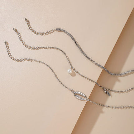 Shell Conch Pearl Snake Bone Chain Anklet Three-Piece Set