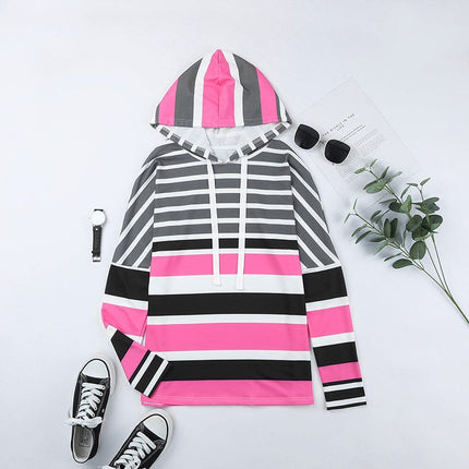 Women's Contrast Color Striped Print Hooded Long Sleeve Top