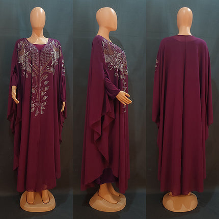 Wholesale Muslim African Women's Chiffon Ironing Rhinestone Robe Dress Two Piece Set