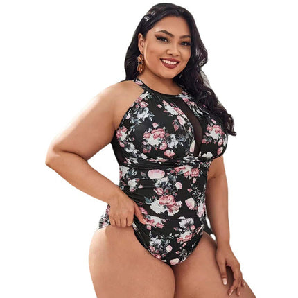 Einteiliger Damen-Bikini-Badeanzug aus bedrucktem Mesh in Übergröße
