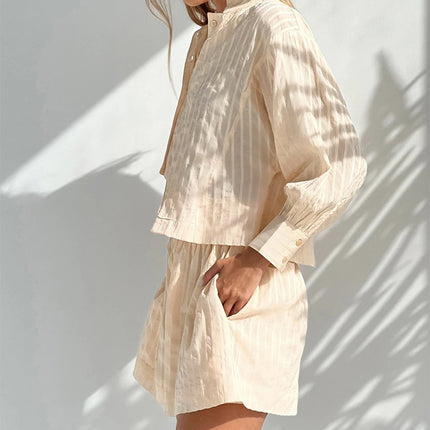 Wholesale Women's Casual Striped Long Sleeve Shirt Shorts Two Piece Set