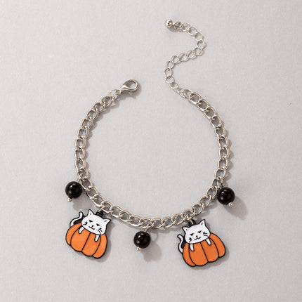 Tobillera con cuentas de cadena con cara de fantasma de gato y calabaza con goteo de Halloween