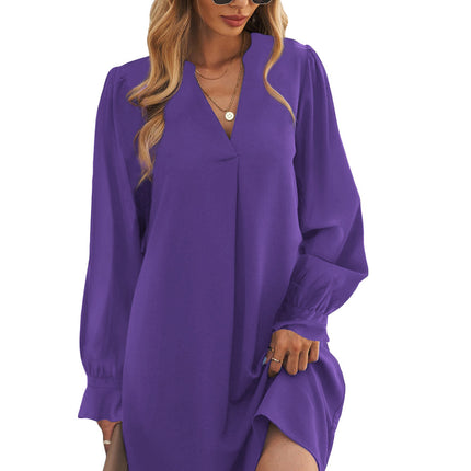 Wholesale Ladies V Neck Ruffle Sleeves Solid Color Ladies Short Dress