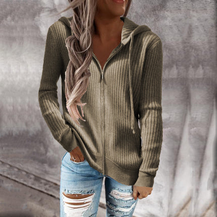 Ladies Striped Casual Sweater Loose Knit Sweater Zip Cardigan Long Sleeve Hooded Sweater