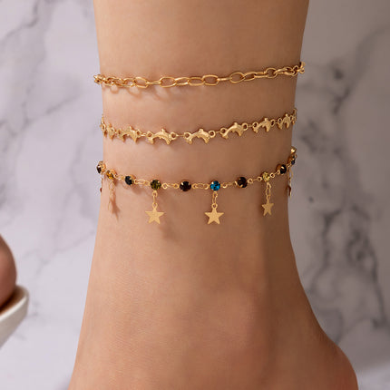 Star Tassel Rhinestone Dolphin Chain Three Layer Anklet Set