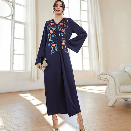 Wholesale Middle East Muslim Women's Autumn V Neck Embroidery Dress Robe