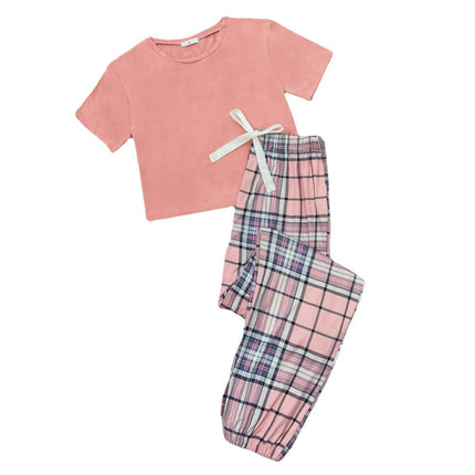 Conjunto de pijama con pantalones de manga corta a cuadros para mujer Homewear