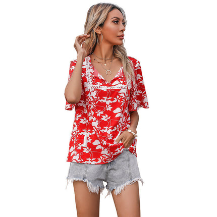 Damen-Sommer-Rot-Print Kurzarm-Spitze V-Ausschnitt-Shirt
