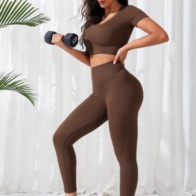 Wholesale Women's Seamless Yoga Exercise Short Sleeve Top Leggings Two Piece Set