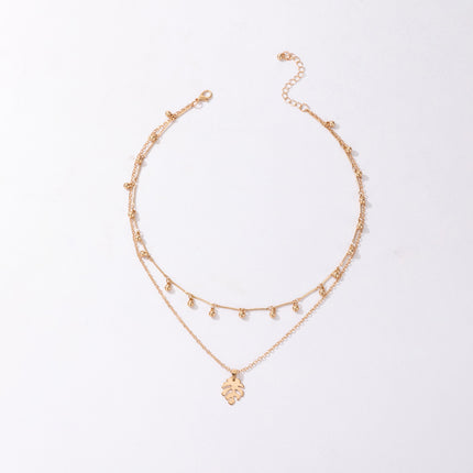 Leaf Pendant Double Layer Necklace Alloy Ball Chain Multilayer Necklace