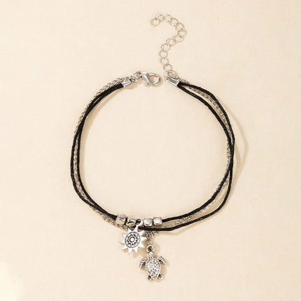 Turtle Sun Animal Square Beaded Black String Chain Anklet