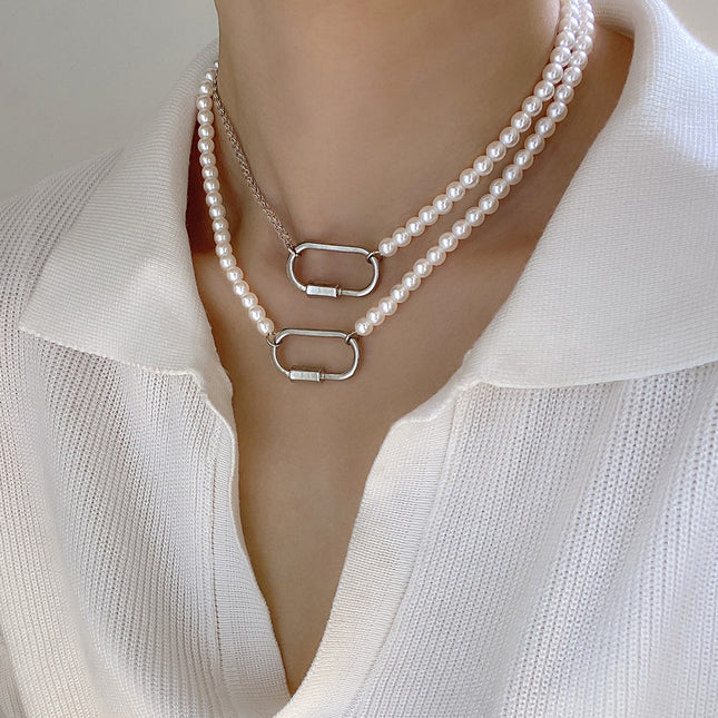 Metal Chain Ring Necklace Simple Imitation Pearl Beaded Choker