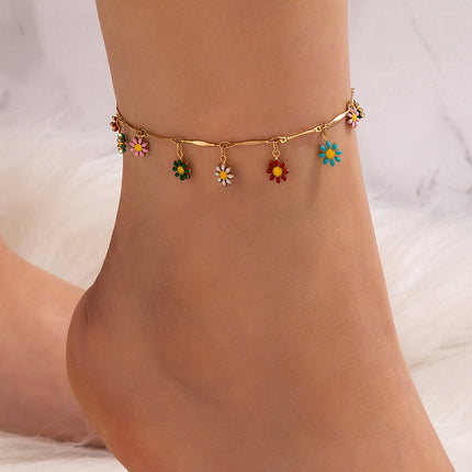 Colorful Oil Drip Flowers and Leaves Single Layer Anklet