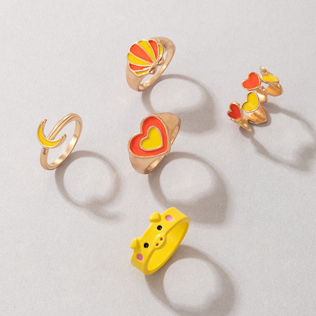 Wholesale Colorful Scallop Double Layer Love Piglet Oil Drip Ring 5 Pieces