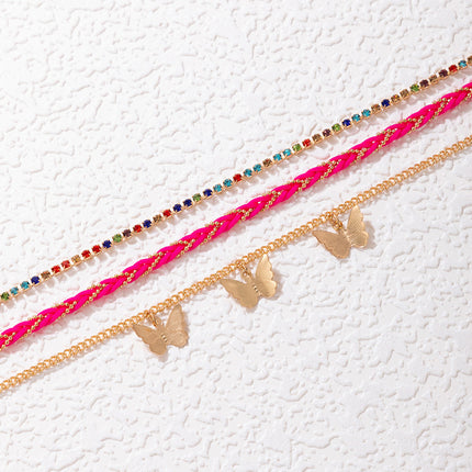 Colorful Rhinestone Butterfly Three-tier Anklet