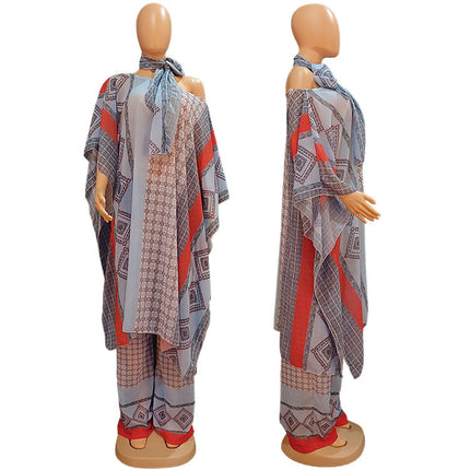 Wholesale African Women's Chiffon Cross Shoulder Dress Pants Two-Piece Set