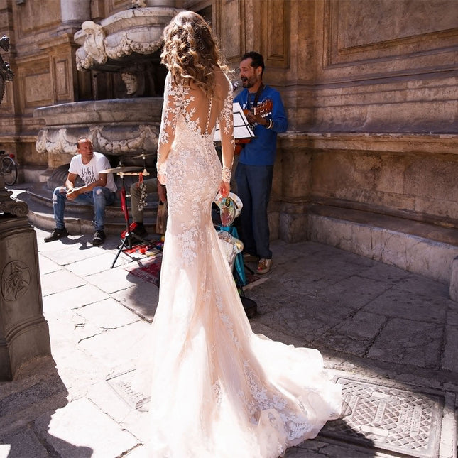 Vestido de novia de manga larga de encaje de boda nupcial que se arrastra