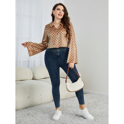 Wholesale Women's Plus Size Check Long Sleeve Shirt Fashion Blouse