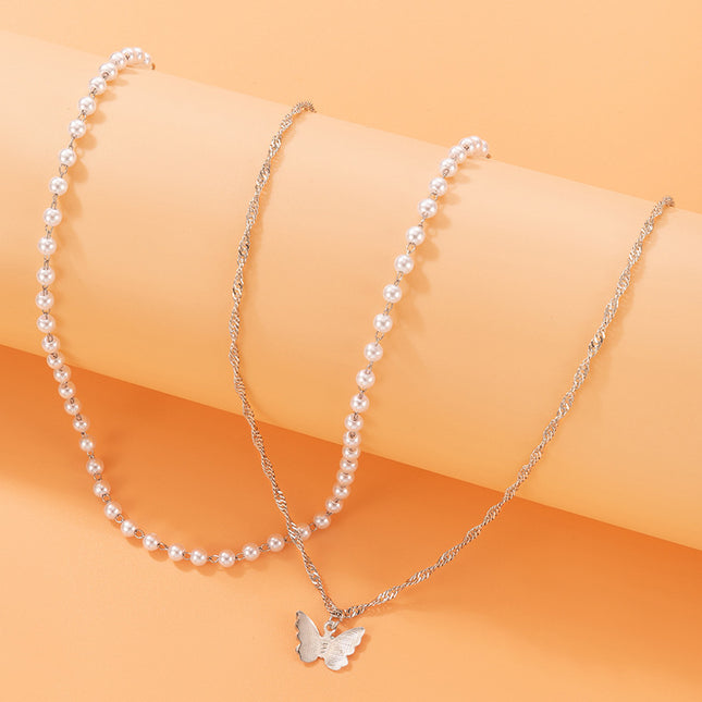 Perlen-Schmetterlings-Anhänger, zweischichtige Halskette, Schlüsselbeinkette