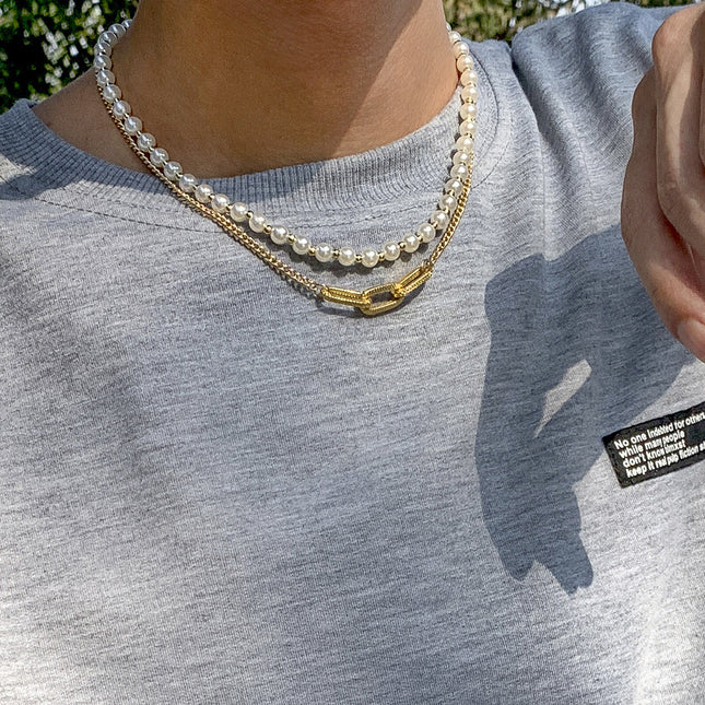 Imitation Pearl Men's Necklace Geometric Metal Chain Necklace