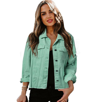 Women's Casual Washed Blue Denim Jacket Coat