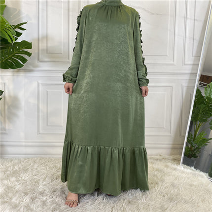 Muslimisches Damenkleid mit großem Saum, plissiertem Langarmkleid für Frauen