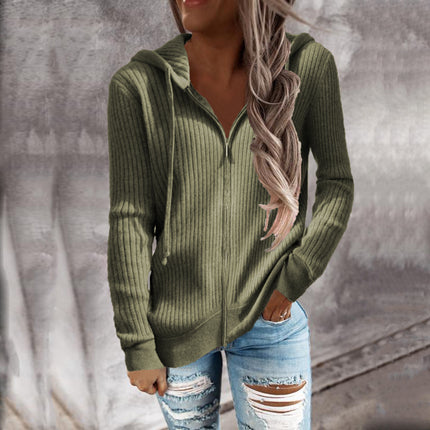 Ladies Striped Casual Sweater Loose Knit Sweater Zip Cardigan Long Sleeve Hooded Sweater