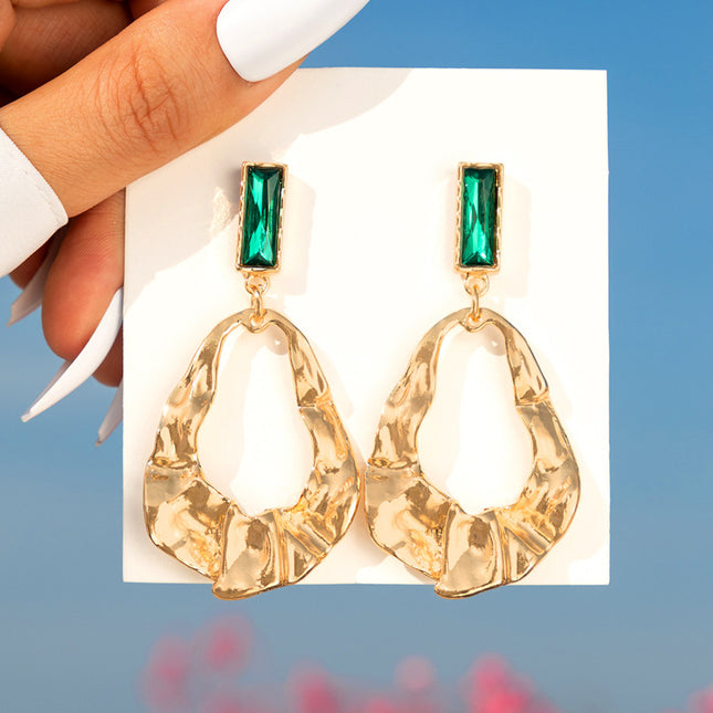 Imitation Emerald Inlaid Rhinestone Irregular Geometric Hollow Earrings