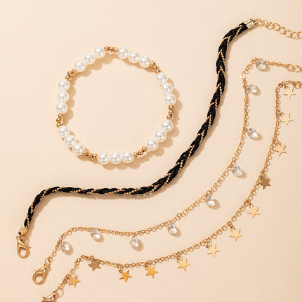 Pearl Beaded Woven Star Disc Four Layer Anklet