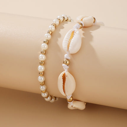 Shell and Pearl Beaded Two-Tier Anklet Set