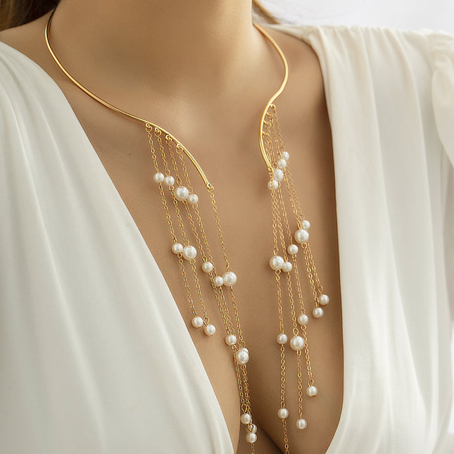 Pearl Pendant Open Long Multilayer Tassel Necklace