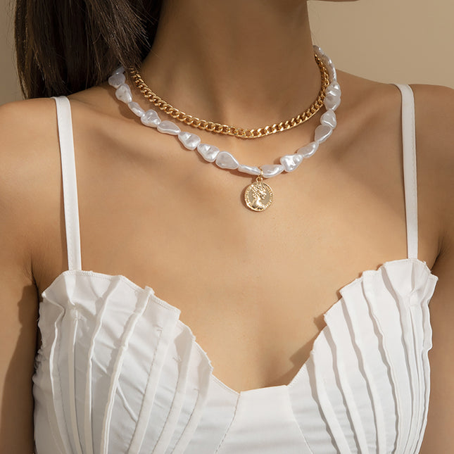 Venta al por mayor collar de perlas en forma de collar de cadena de cabeza de reina de metal