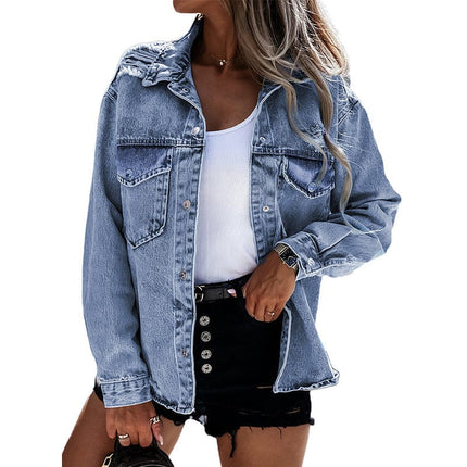 Women's Casual Washed Blue Denim Jacket Coat