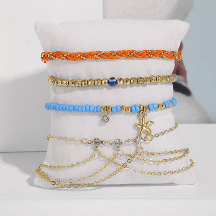 Rhinestone Chain Tassel Braided Rope Rice Pearl Starfish Four Layer Anklet