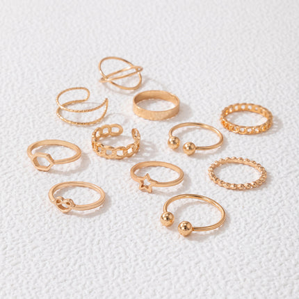 Star Heart Geometric Twisted Open Ring Set of Eleven Pieces