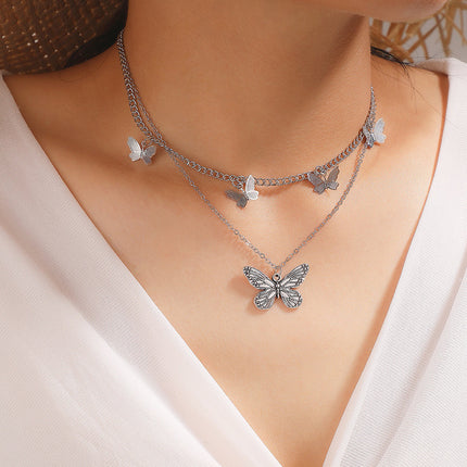 Butterfly Antique Silver Fashion Simple Long Necklace