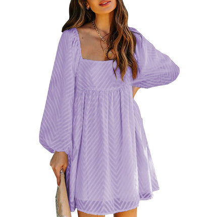 Wholesale Women's Solid Color Jacquard Square Neck Balloon Sleeve Dress