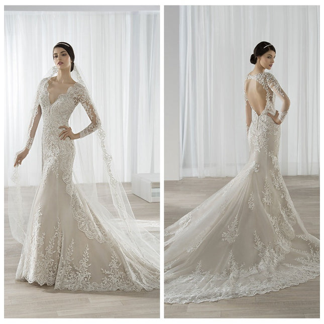 Wholesale Bridal Lace Shoulders Long Sleeves Slim Long Tail Wedding Dress