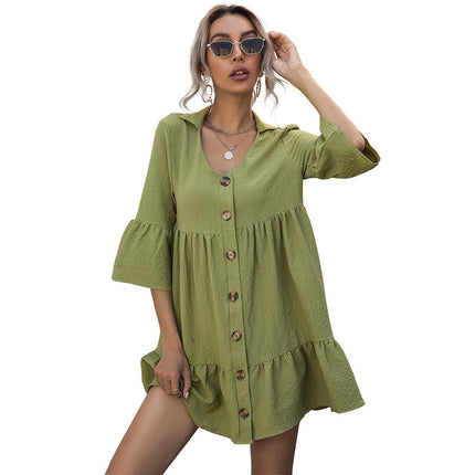Wholesale Women's Summer Loose Lapel Half Sleeve Cotton Linen Dress