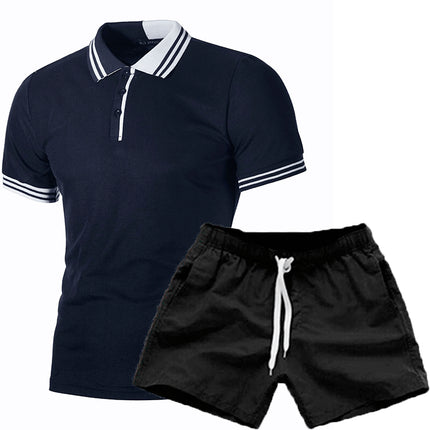 Traje de pantalones cortos de polo informal delgado a juego de color a rayas para hombre