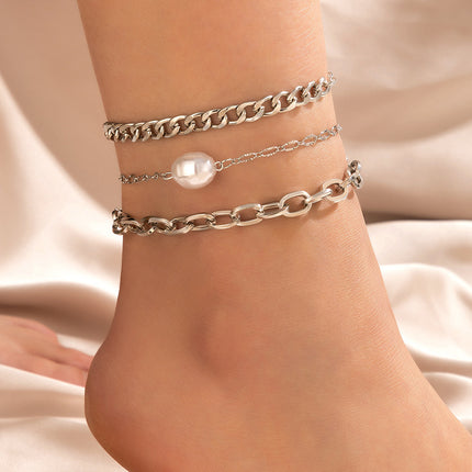 Pearl Geometric Chain Triple Layer Anklet