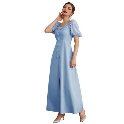 Wholesale Women's Spring Summer Embroidered Puff Sleeve Maxi Dress